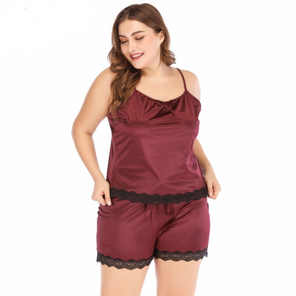 Plus Size Cami Shorts Pajamas Set Women Silk Satin Sleeveless Nightwear Sling Backless 3545