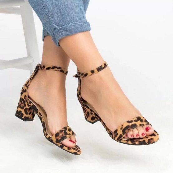 2019 Women Ankle Strap Heels Leopard Print Sandals Summer Shoes Women Open Toe Chunky