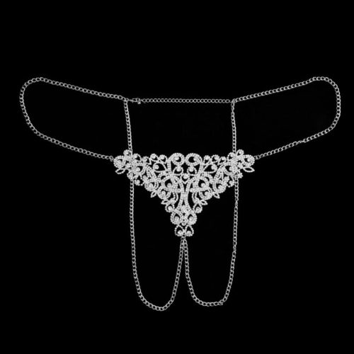 Sexy Silver Bikini Thong Crystal Body Chain Jewelry For Women Flower Hollow Underwear