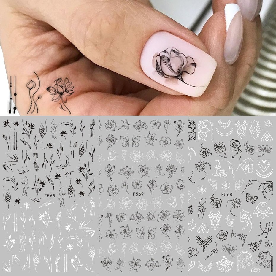 1pcs Black White 3D Nail Art Stickers, Sliders Flowers, Mandala Leaf ...