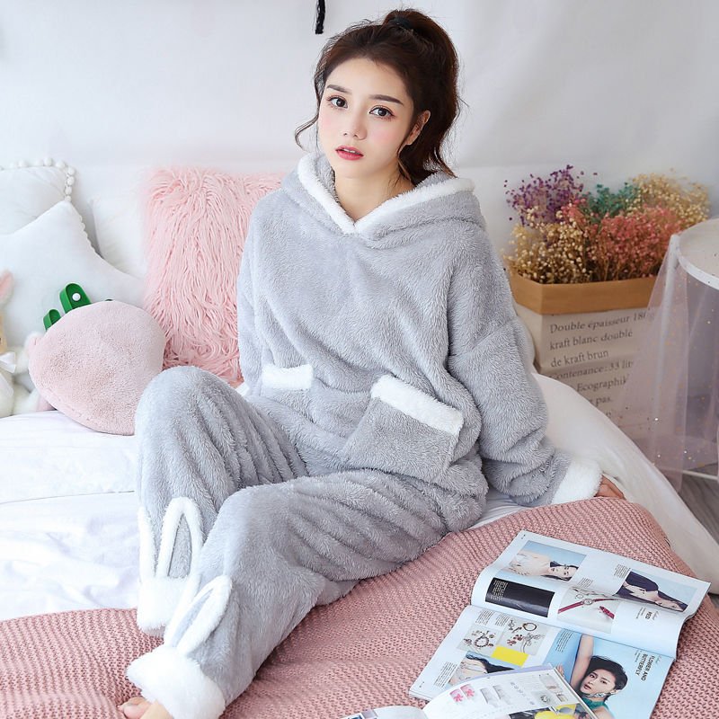 2 Pcs Winter Women Pajamas Sets , Sleepwear Long Sleeves Warm Pajama ...