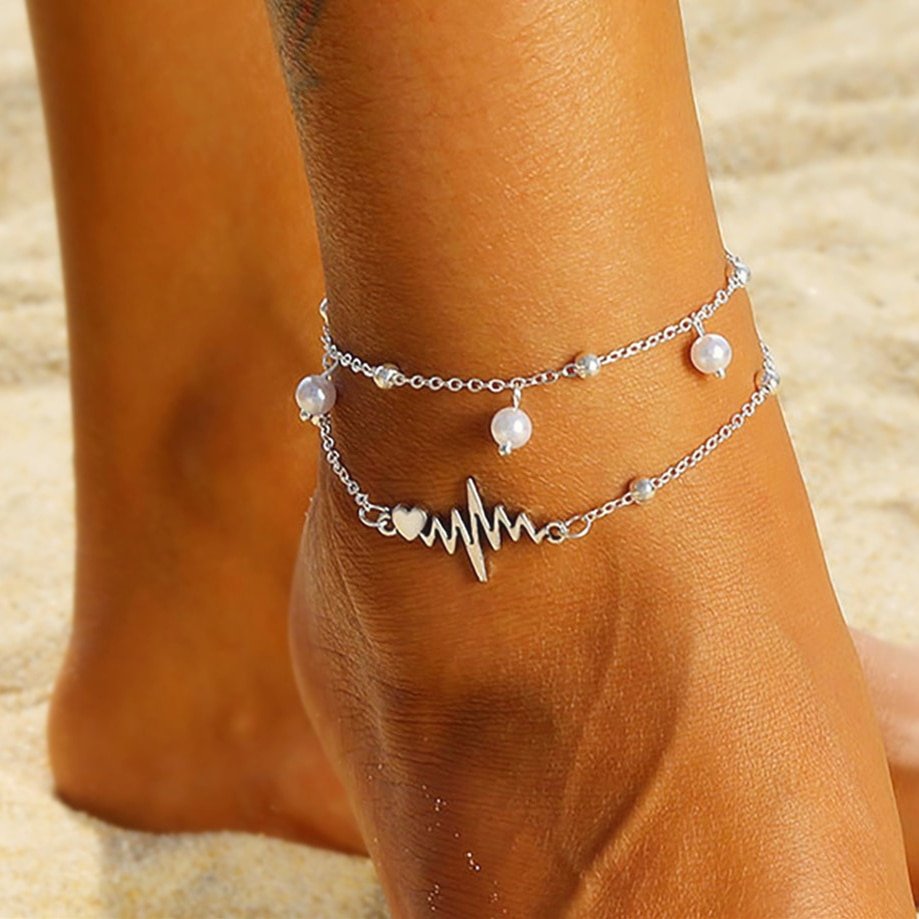 2020 Newfashion Silver Anklets Bracelet For Ankle Female Simulation Pearl Heart Beads