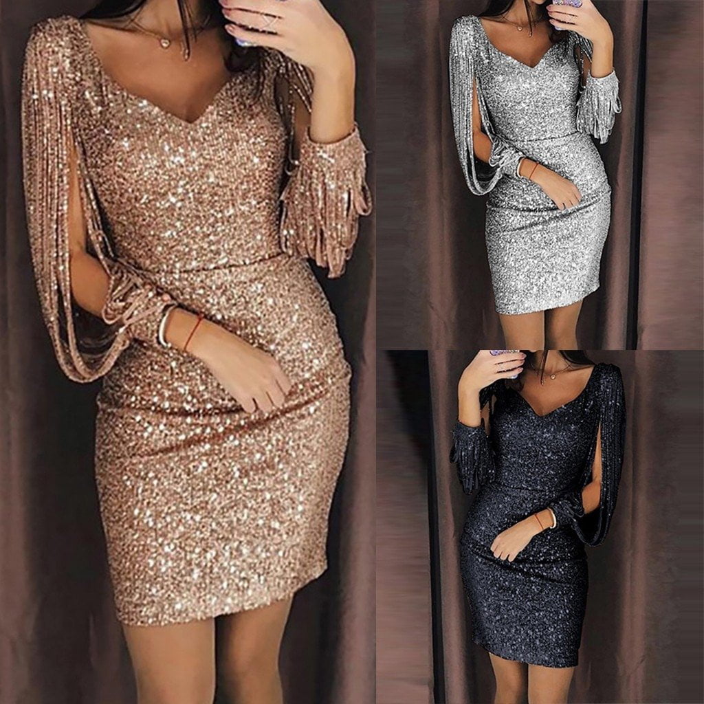 Dress Women Plus Size 3XL, 11 Color Sexy V-Neck Solid Sequined ...
