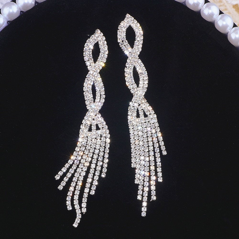 Elegant Silver Color Crystal Long Tassel Earrings Shiny Rhinestone