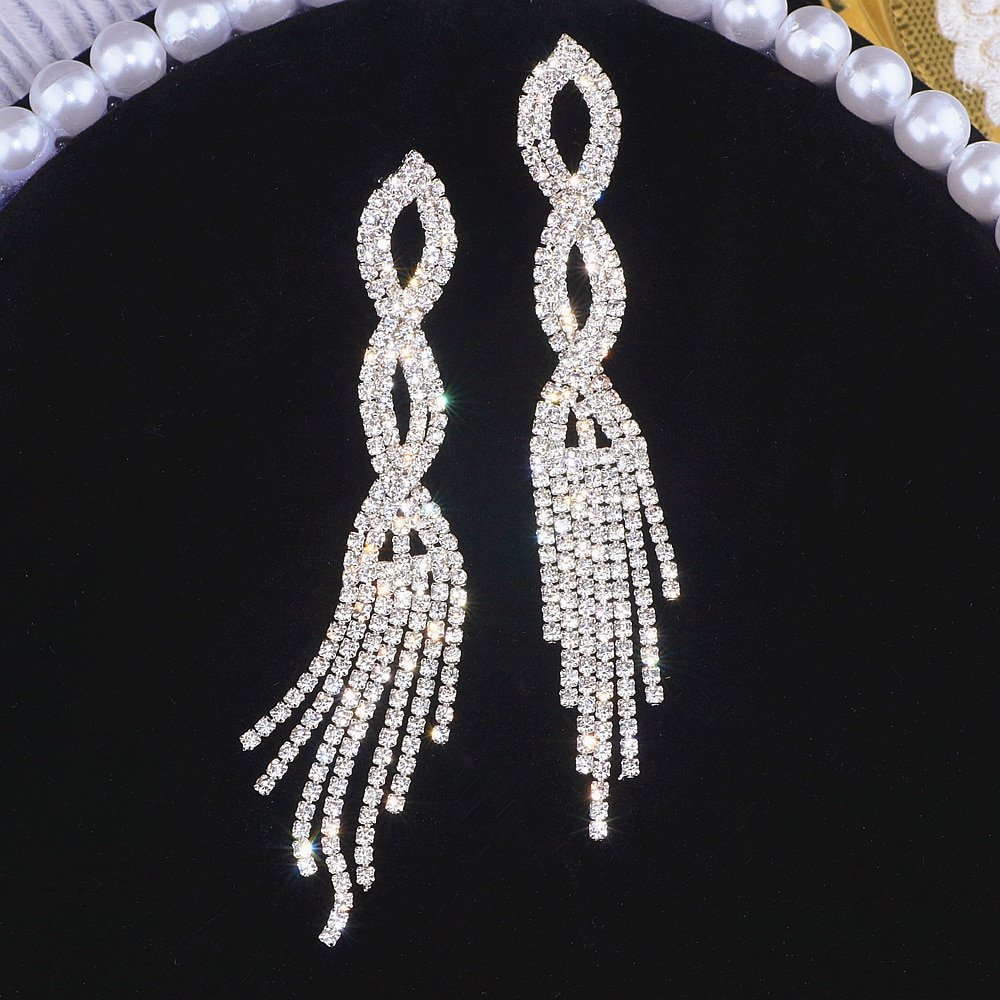 Elegant Silver Color Crystal Long Tassel Earrings Shiny Rhinestone Drop Dangle Earrings For 