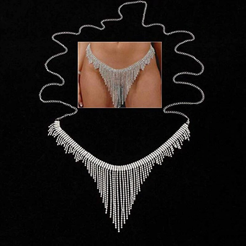 Sexy Rhinestone Tassel Underwear Thong Panties For Women Crystal Body