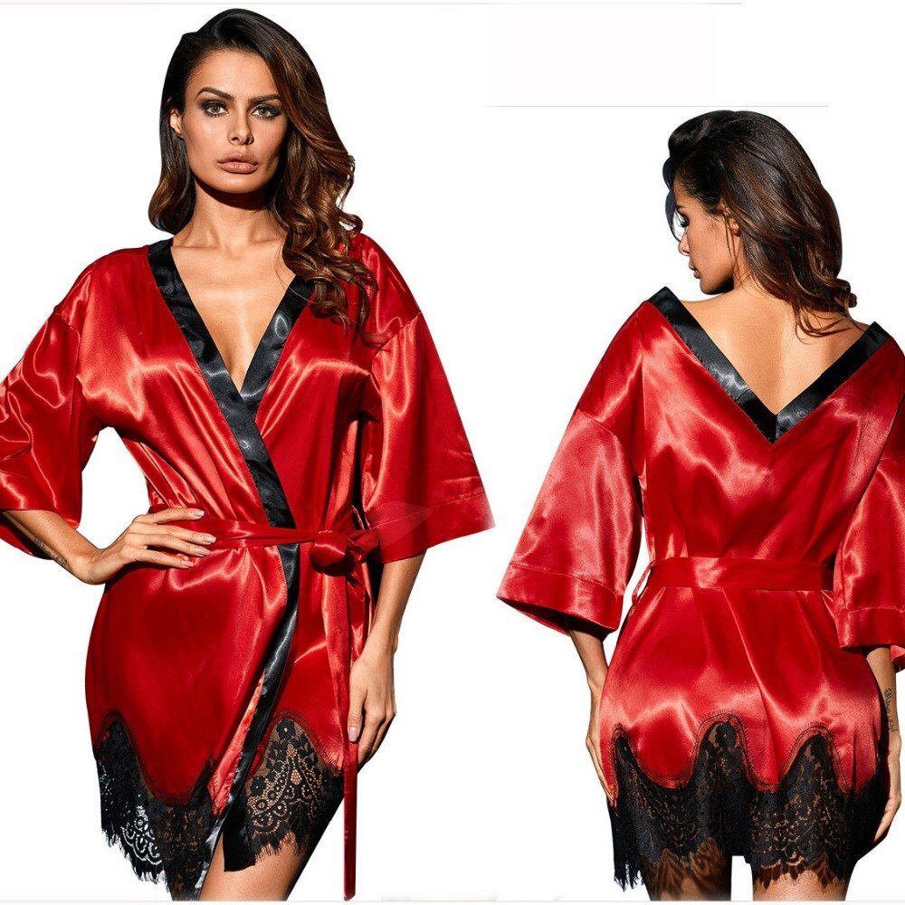 Sexy White Printed Female Mini Silk Robe, Night Dress Gown