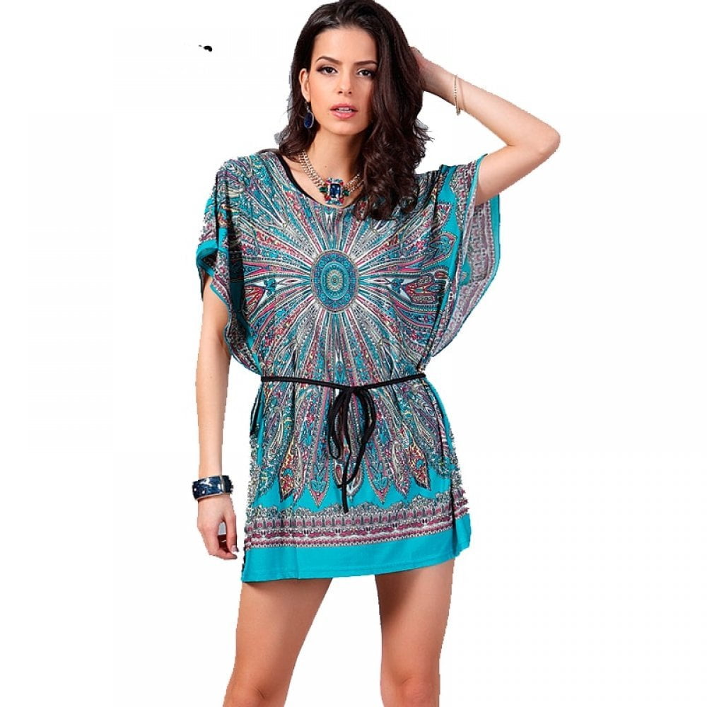 Women Summer Dress Casual Loose 2020 Ice Silk Batwing Sleeve Boho Dress Short Beach Dresses 9432