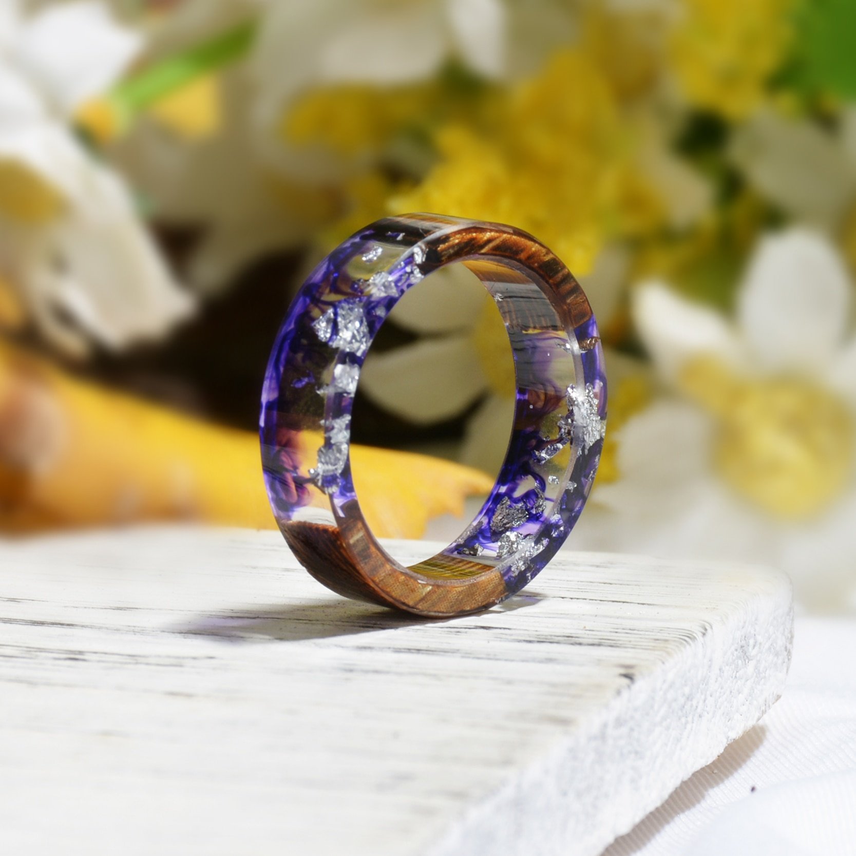 New Design Epoxy Rings, Clear Wood Resin Ring , Fashion Handmade Dried
