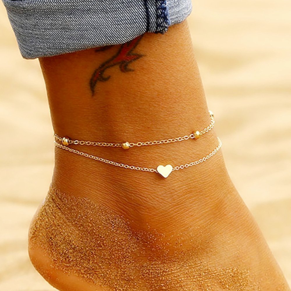 Solid Simple Heart Ankle . Layering Pendant Anklet , Beaded Foot