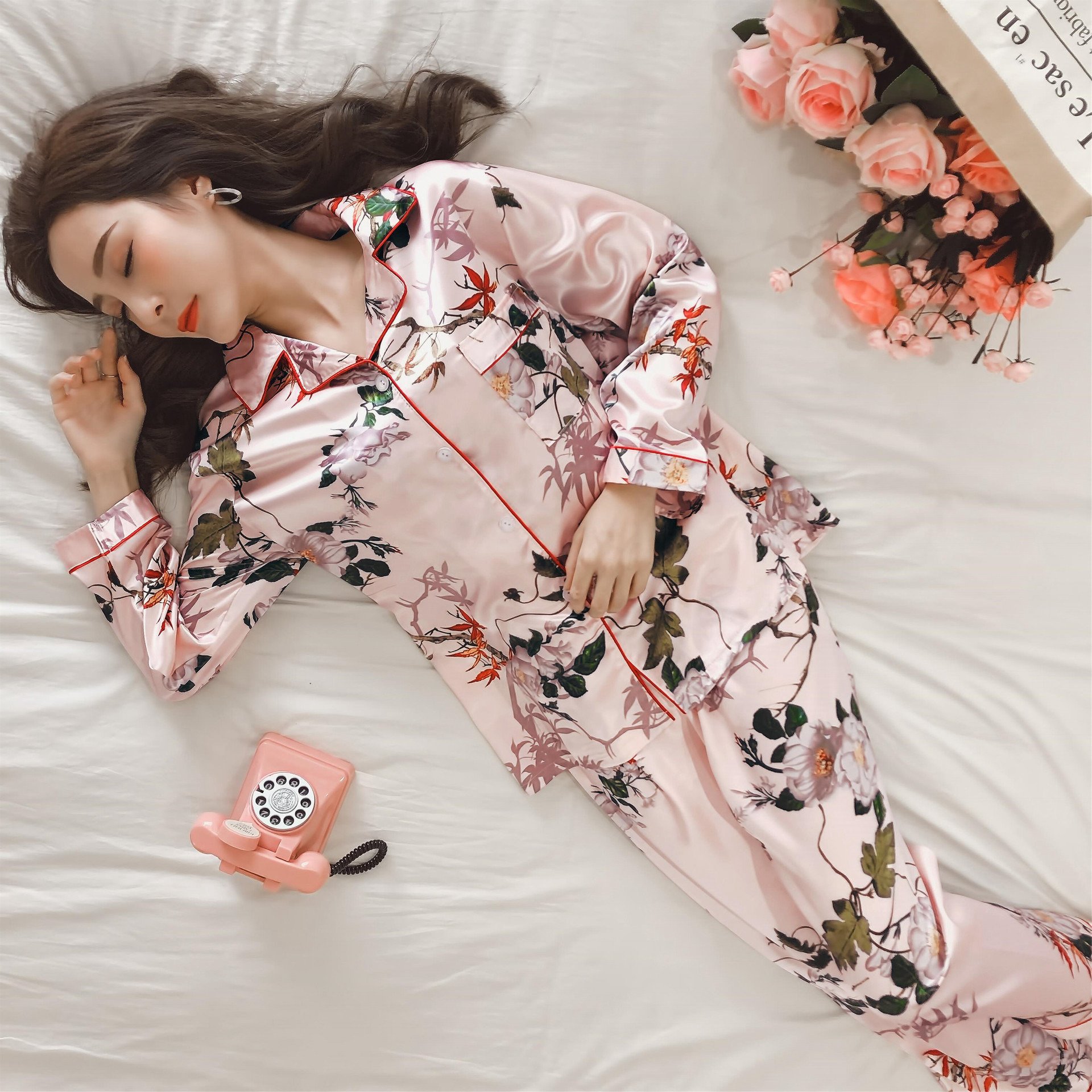 Women Pajamas Faux Silk Sleepwear Satin Pajamas Set Flower Print Long Sleeves 2 Piece Autumn