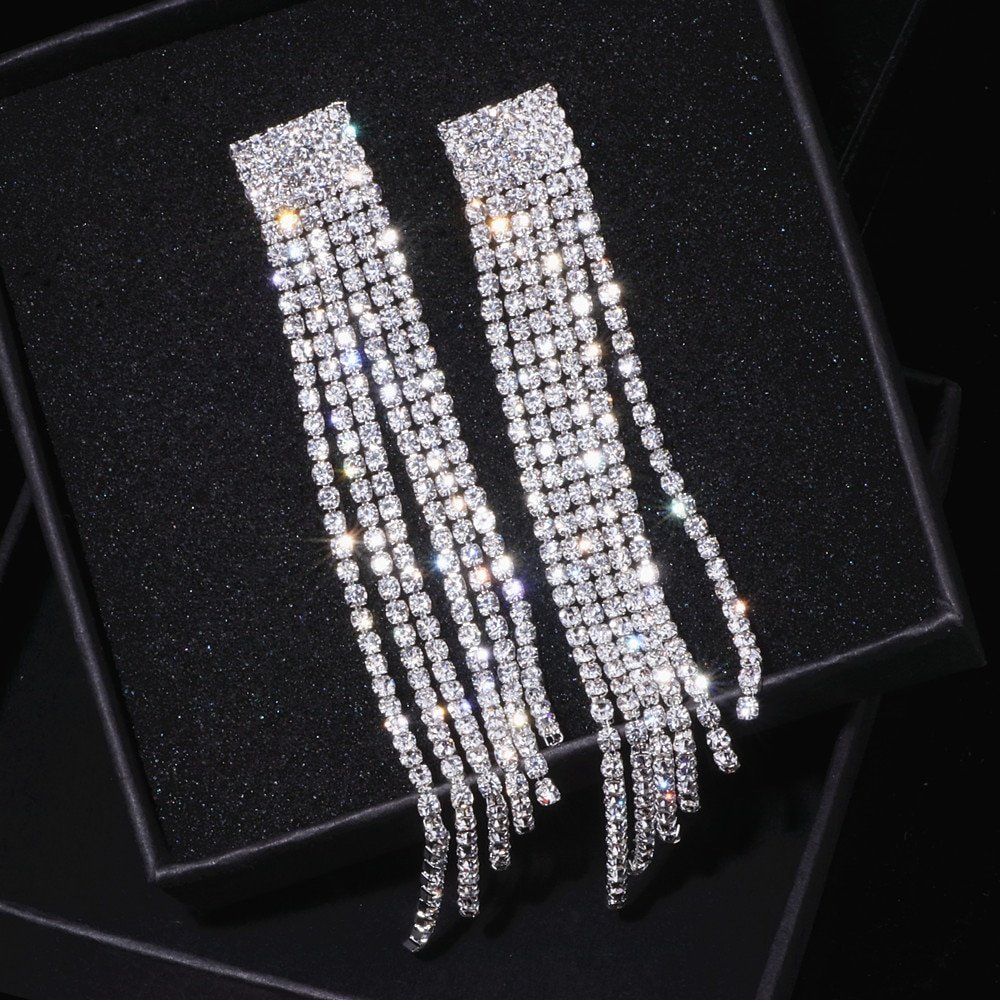 New Silver Color Rhinestone Crystal Long Tassel Earrings for Women ...