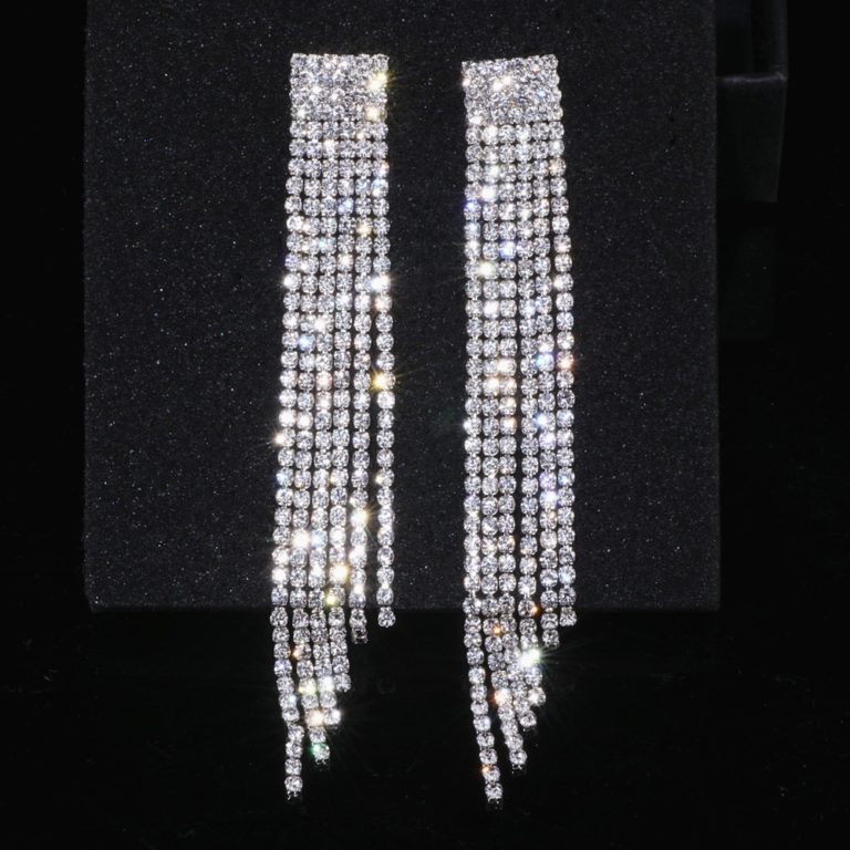 New Silver Color Rhinestone Crystal Long Tassel Earrings For Women