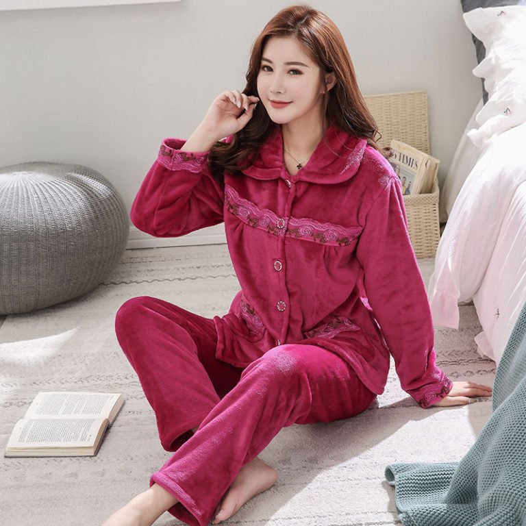 Warm Flannel Pajamas Set For Women , Thick Coral Velvet Long Sleeve ...
