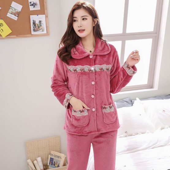 Warm Flannel Pajamas Set For Women , Thick Coral Velvet Long Sleeve ...