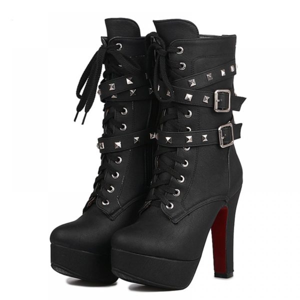 Extreme High Heels.  Black Women Platform Motorcycle Ankle Boots . Lace Up Rivets Punk Boots . - Image 5