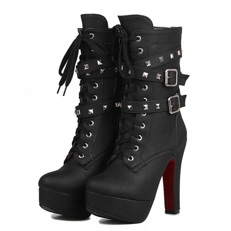 Extreme High Heels Black Women Platform Motorcycle Ankle Boots Lace Up Rivets Punk Boots 8743