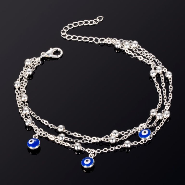 Multi Layered Beads Ankle Bracelet for Women, Leg Chain Blue Evil Eye