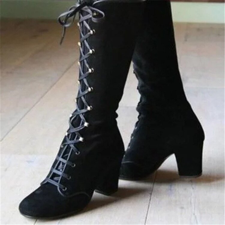 Women Vintage Lace-up Mid Boots , Round Toe , Cowboy Style , High Heels ...