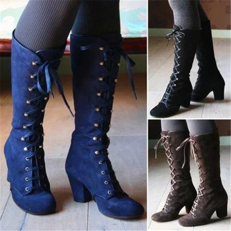 Women Vintage Lace-up Mid Boots , Round Toe , Cowboy Style , High Heels ...