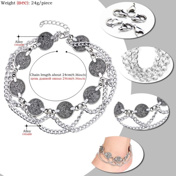Vintage Silver Plated Anklets For Women, Coin Charms Tassels, Toe Ankle ...