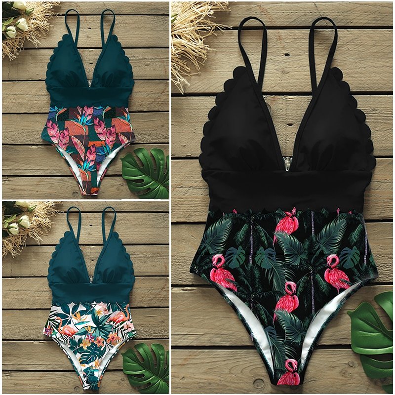 2020 Sexy One Piece Swimsuits Female Shoulder Floral Women Swimwear Push Up Bathing Suits