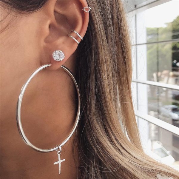 Crystal Cross Drop Earrings , Women, Girl ,Charm Silver Color Glitter, Pendant Circle Earrings Jewelry . #NP - Image 5