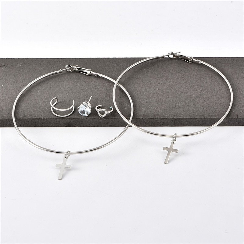 Crystal Cross Drop Earrings , Women, Girl ,Charm Silver Color Glitter, Pendant Circle Earrings Jewelry . #NP - Image 6