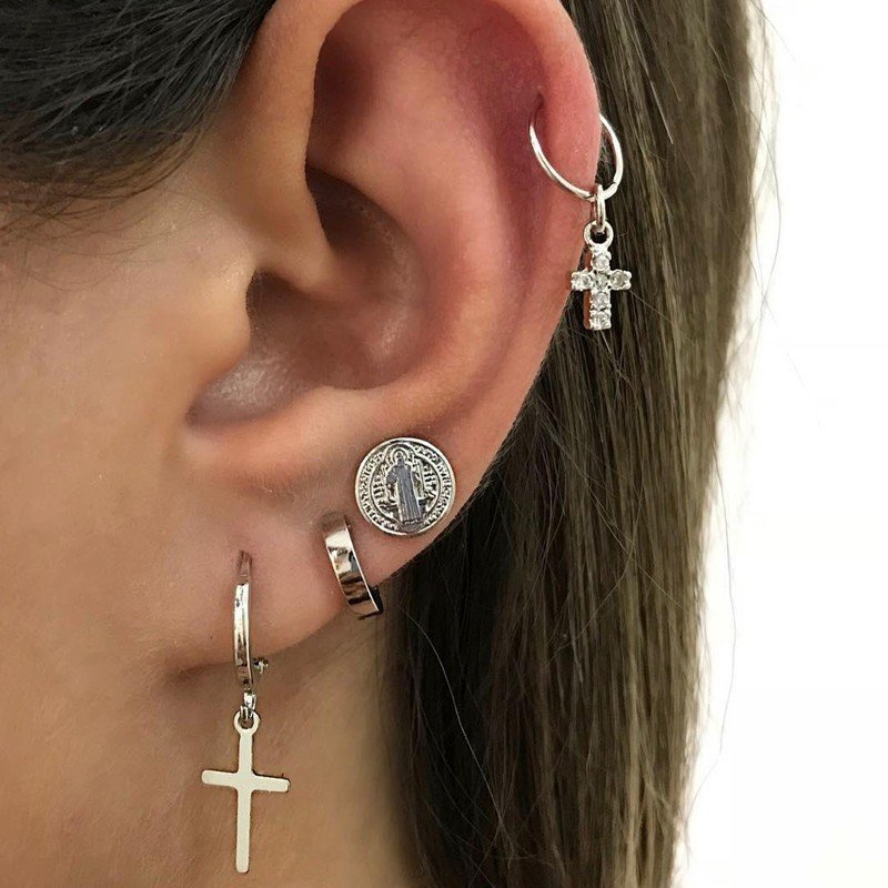 Crystal Cross Drop Earrings , Women, Girl ,Charm Silver Color Glitter, Pendant Circle Earrings Jewelry . #NP