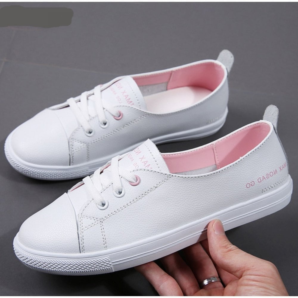 Women White Shoes, Flats Sneakers Ladies, PU Leather Slip On Soft Flat ...