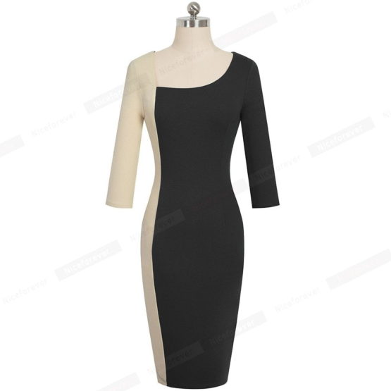 Nice-Forever Elegant Contrast Color Patchwork with Ring Work vestidos Office Business Party Bodycon Sheath Women Dress B539