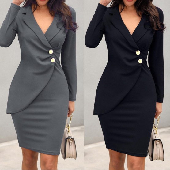 Office Dress Women Elegant Turn Down Neck Long Sleeve Buttons Bodycon Work Formal Dress Np