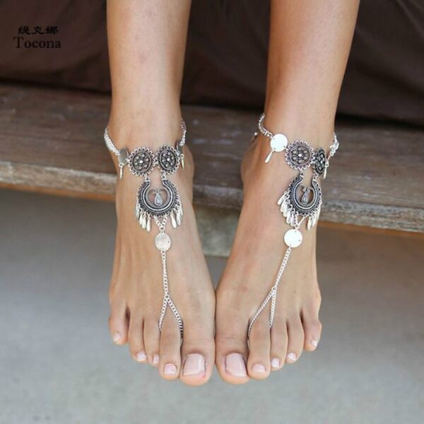 Vintage Silver Color Foot Chain ,  Bohemian Tassel,  Anklets for Women , Barefoot Sandals , Summer Jewelry #  NP