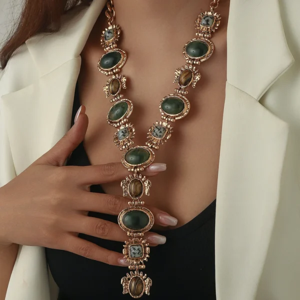 Vintage Chunky Geometric Resin Necklace for Women ,  Irregular Exaggerated Big Statement , Metal Necklace , Ethnic Style #  NP
